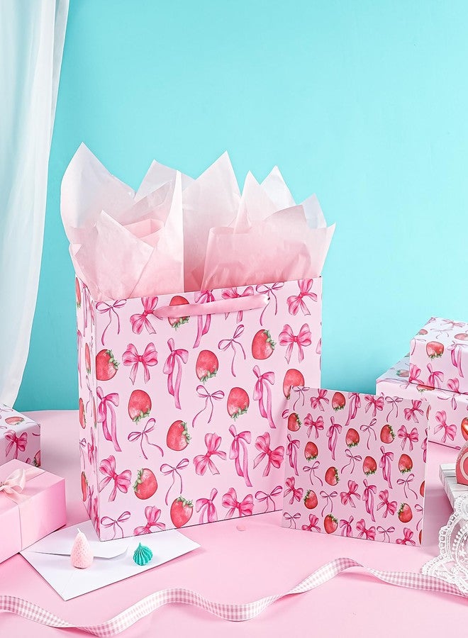 WRAPAHOLIC 13" Large Strawberry Bow Gift Bag with Card and Tissue Paper - Pink Bow and Sweet Strawberry Gift Bag for Women Girls Birthday, Baby Shower, Wedding, Bridal Shower - Image 4